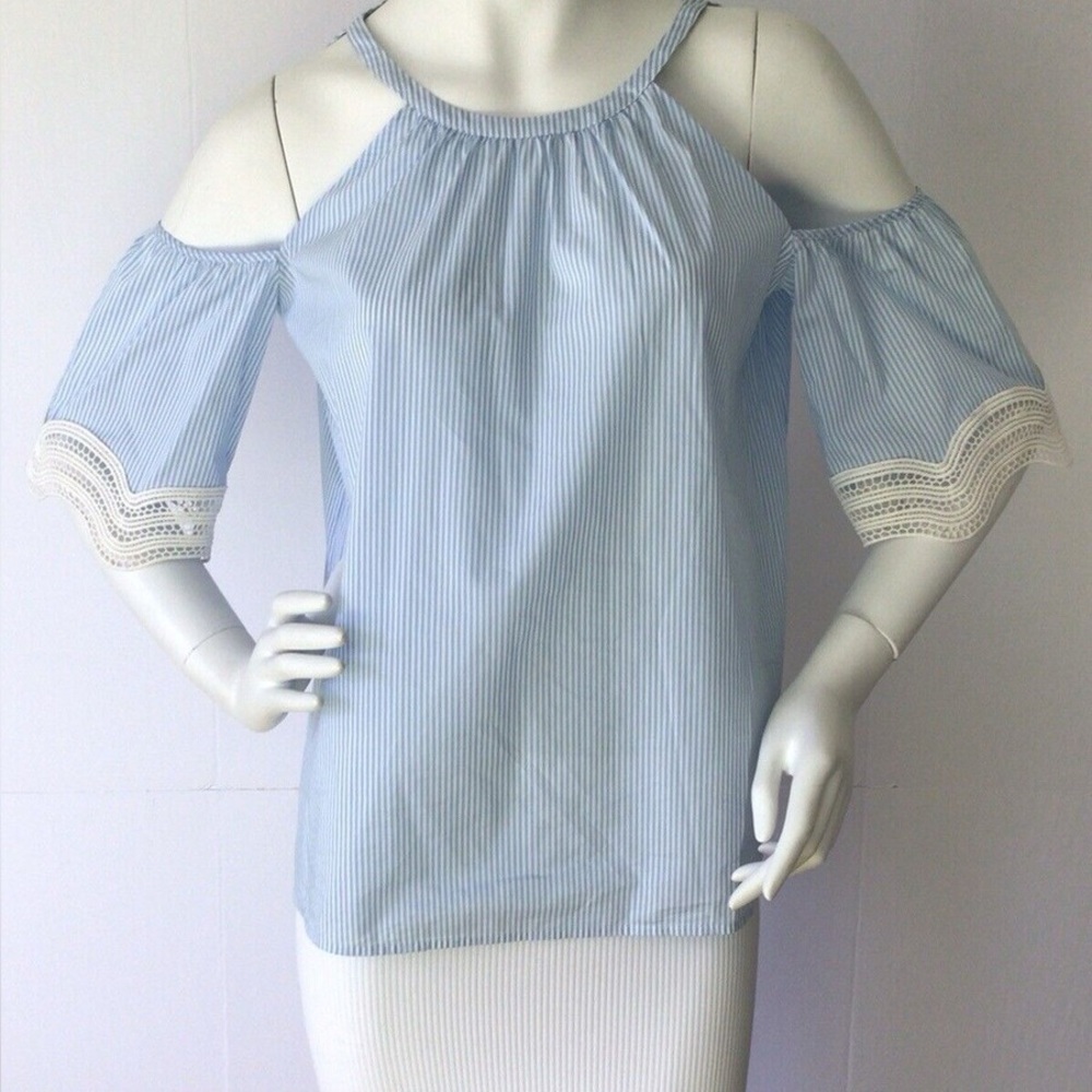 Ann Taylor Light Blue Striped Top Cold Shoulder with Lace Accents Small - Picture 1 of 10